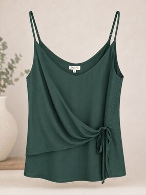 Lilly White Dark Green Spaghetti Strap Blouse /Draped Side-Tie Camisole in Green